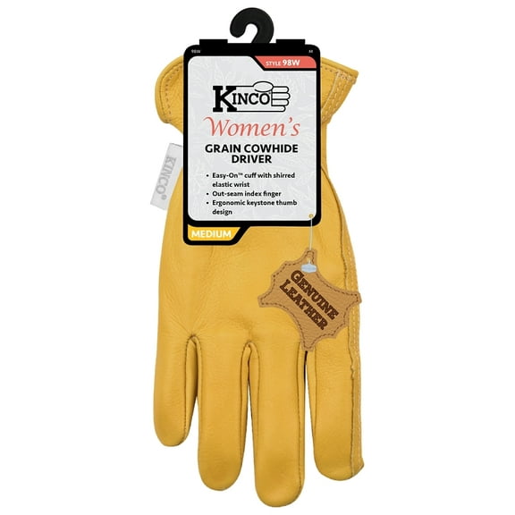 Kinco Driver Gloves 98W - Keystone Thumb, Easy-On Cuff, Cowhide Leather - Women's M, Gold