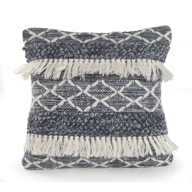 LR Home Textured Trellis Fringe Navy / Ivory 20" x 20" Throw Pillow