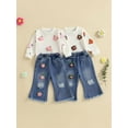 thumbnail image 3 of Loicainy Toddler Kids Little Girls Fall Outfits Crochet Flowers Long Sleeve Sweatshirt and Elastic Ripped Denim Flare Pants Clothes Set 6 Months to 7 Years, 3 of 9