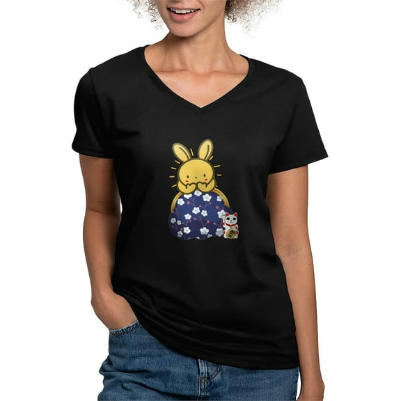 CafePress - Japanese Style Rabbit With Purse T Shirt - Women's V-Neck Dark T-Shirt