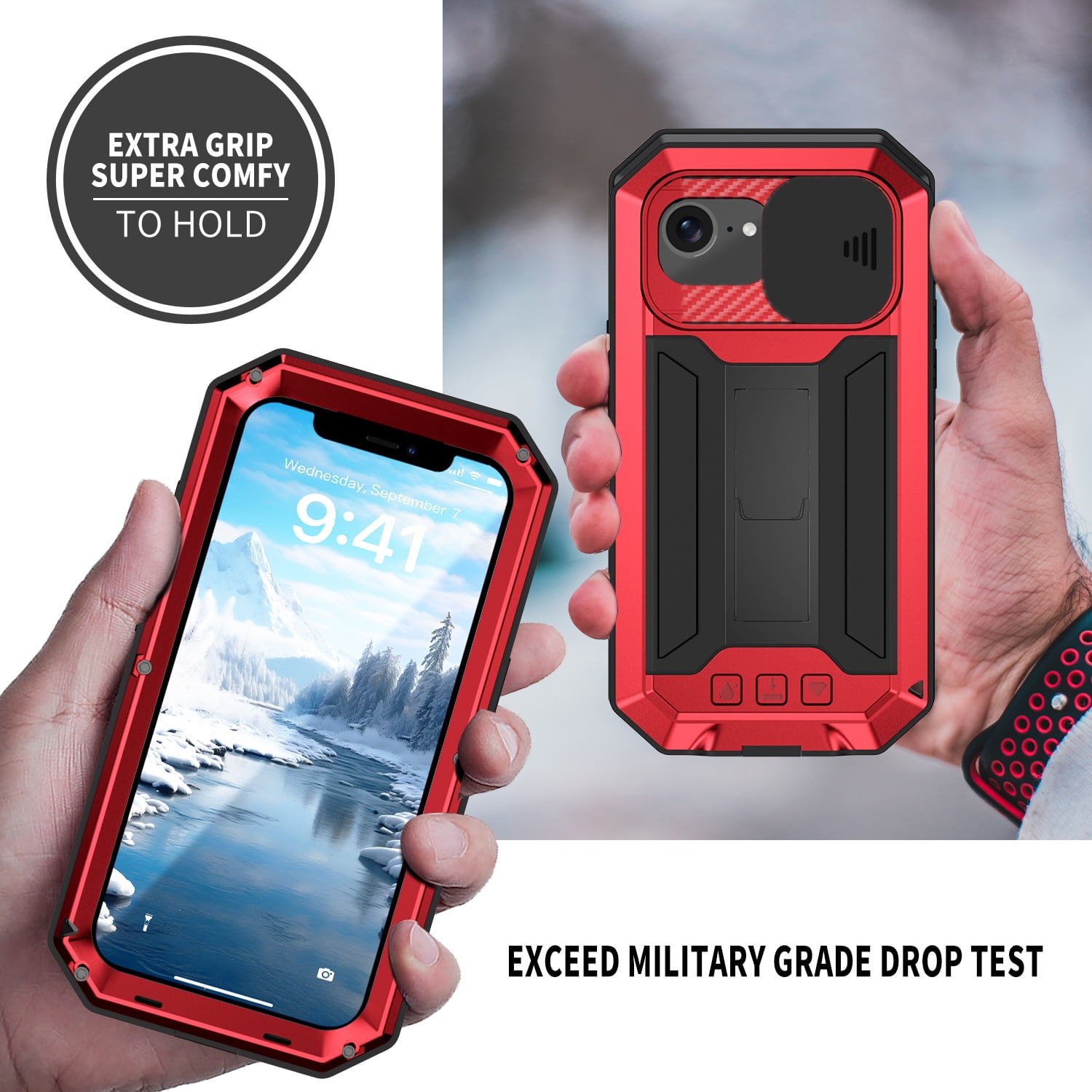 Dteck for iPhone 16E Case with Camera Cover Sliding, Heavy Duty Protection Rugged Screw Full Body Military Grade Metal Rubber with Stand Hard Built in Screen Protector for iPhone 16e 2025,Red