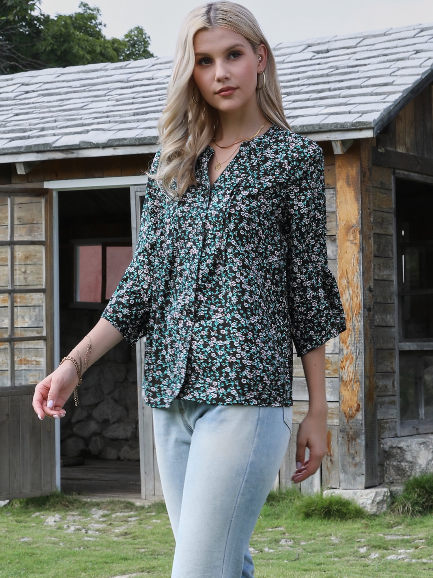 DARING DIVA Women's V Neck 3/4 Sleeves Vintage Casual Floral Shirts XS Black