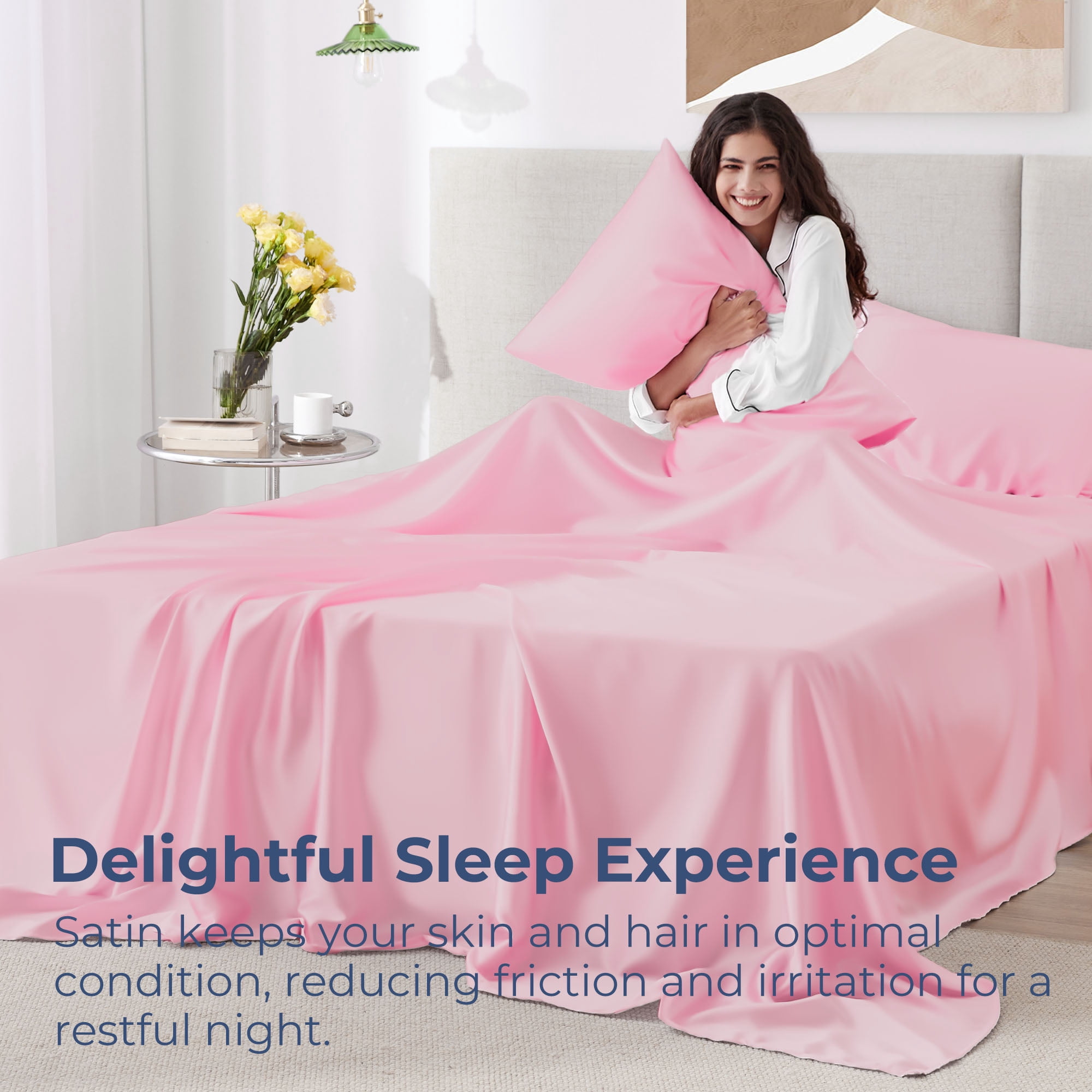 Seasonwood Pink Sheets Queen Size Soft 1800 Microfiber Satin Sheet Set 4 Pieces 2 Pillowcase