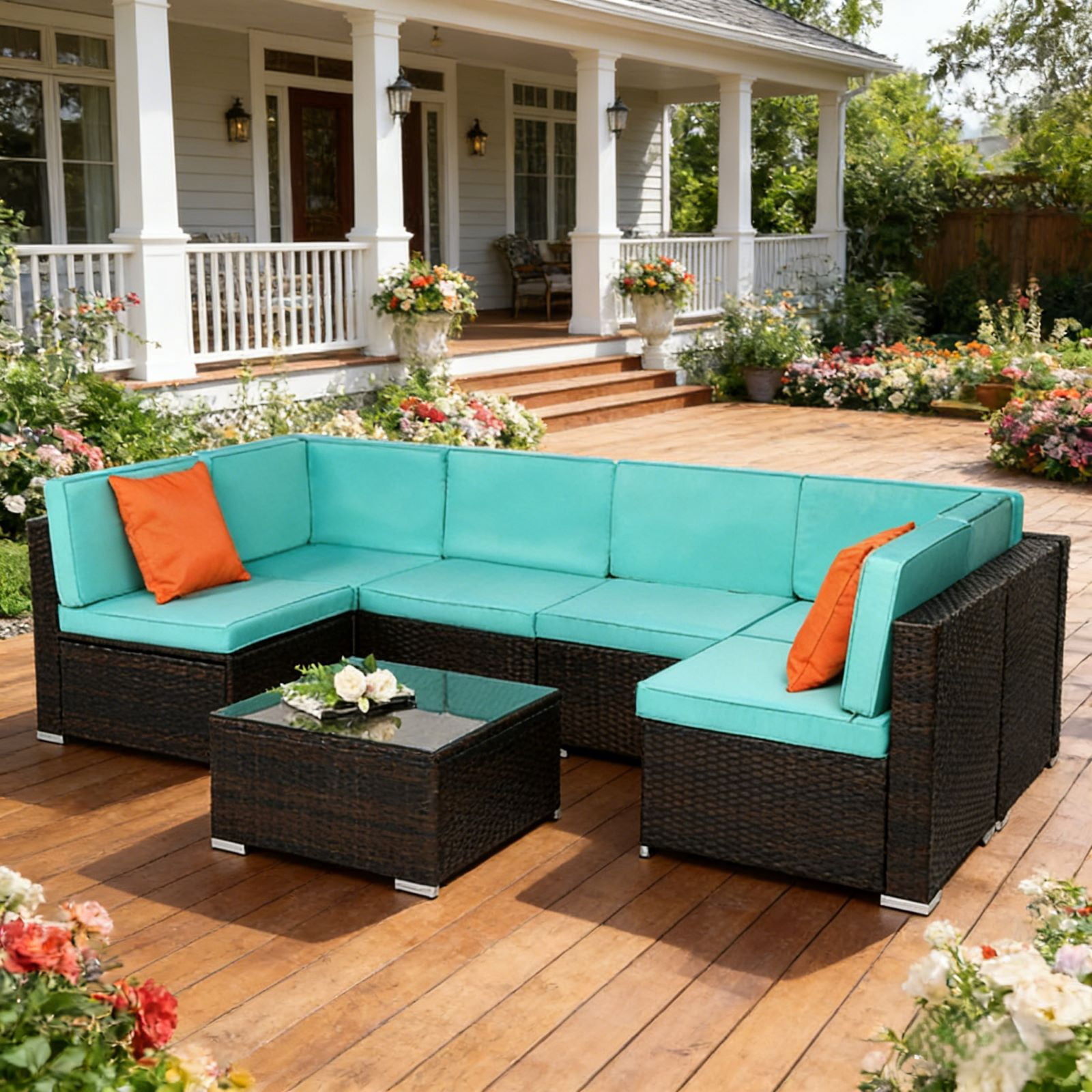 Ktaxon 7 Piece Black Rattan Sofa Set Lake Blue Cushions with Storage Table Boho Living Room Furniture