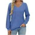 thumbnail image 2 of EchfiProm Fall T-Shirts for Women Long Sleeve Navy Tops V-Neck Pullover Solid Loose Ladies, 2 of 6