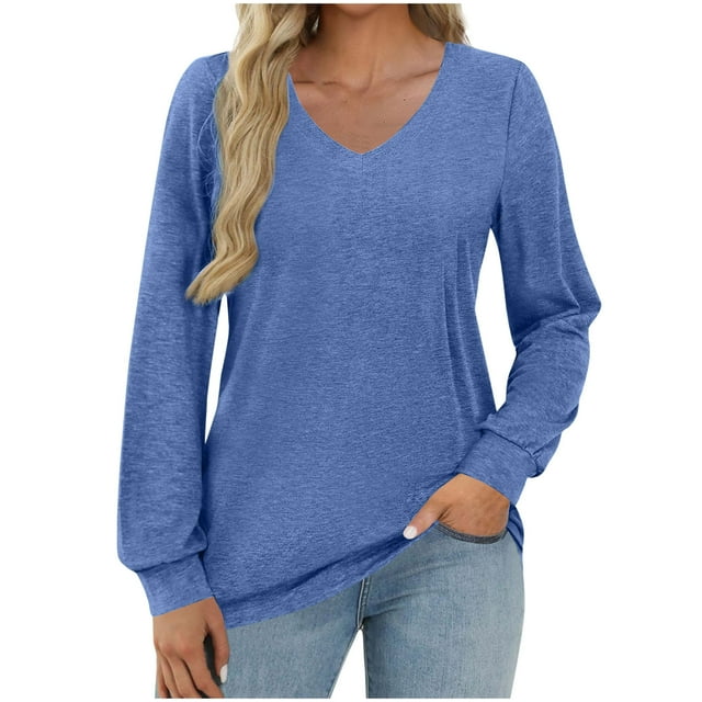 Lmnyox Chemises à Col en V à Manches Longues pour Femmes T-Shirt Décontracté Chic Mode Affaires Bureau Travail Blouses Hauts
