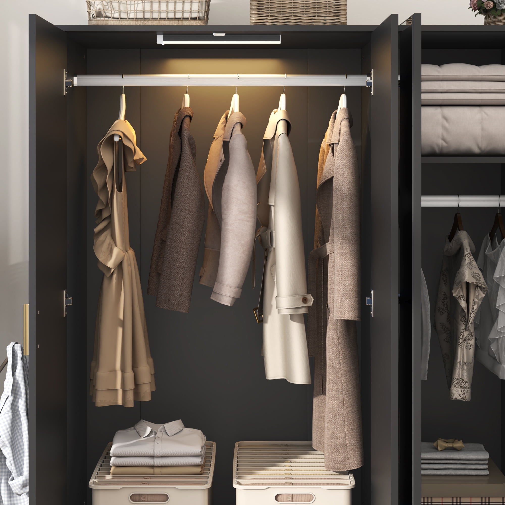 Blotout 3 Door Armoire Wardrobe Closet with Mirror & Sensor Lights, 70'' Large Wardrobe Armoire with 2 Drawers & Shelves, Modern Wooden Armoire Storage with Hanging Rod for Bedroom, Black