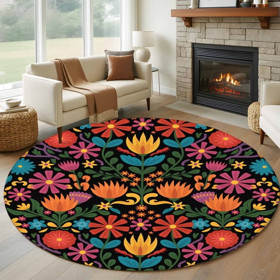 Round Area Rug 5 Ft, Colorful Mexico Washable Non-Slip Circle Carpet for Living Room/Bedroom, Modern Abstract Flowers Leaf Orange Green Low-Profile Runner Mats Collection Rugs for Indoor
