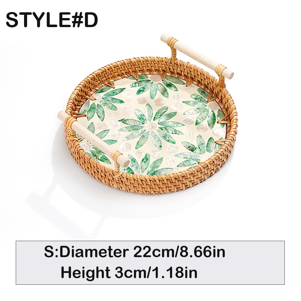 Round Rattan Wicker Woven Tray Basket with Shell Wooden Base and Handle for Fruit Bread Serving, Coffee Table Tray, Vanity Ottoman Tray Organizer for Kitchen, Storage Display
