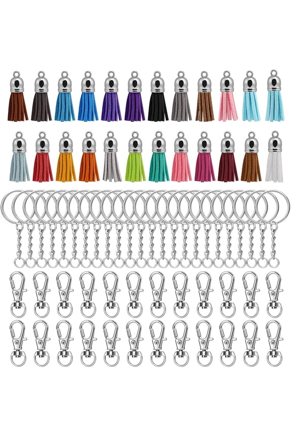 72 Pcs Key Chain Bulk,24x Silver Tone Swivel Lobster Clasp with Split Ring & 24 Colors Leather Tassels for Keychain Crafts Jewelry Making