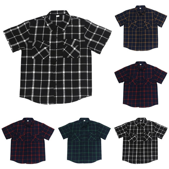 Ashirexll Summer Shirts for Men, Button up Shirt Men, Fashion Plaid Printed Casual Button Shirts with Double Pockets Turndown Collar Blouses