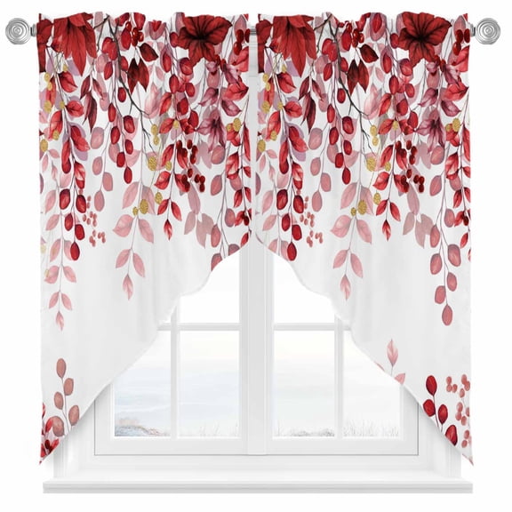 Swag Curtain Valances Red Eucalyptus Leaves Swag Valances for Kitchen Windows Berry Branch Nature Plant Short Topper Curtains Valance Tier Pair for Kitchen Bedroom Living Room Bathroom 28"x36"