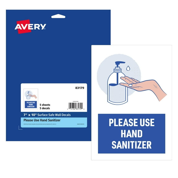 Avery "Please Use Hand Sanitizer" Preprinted Surface Safe Wall Decals, 7" x 10", 5 Removable Decals (83179)