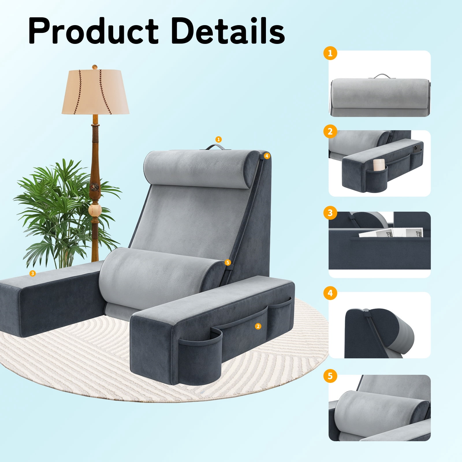 Yacona Reading Pillow, Bed Pillow for Sitting up with Multifunctional Support Pad, Adult Bed Chair Upright Pillows for Sleeping, Gray