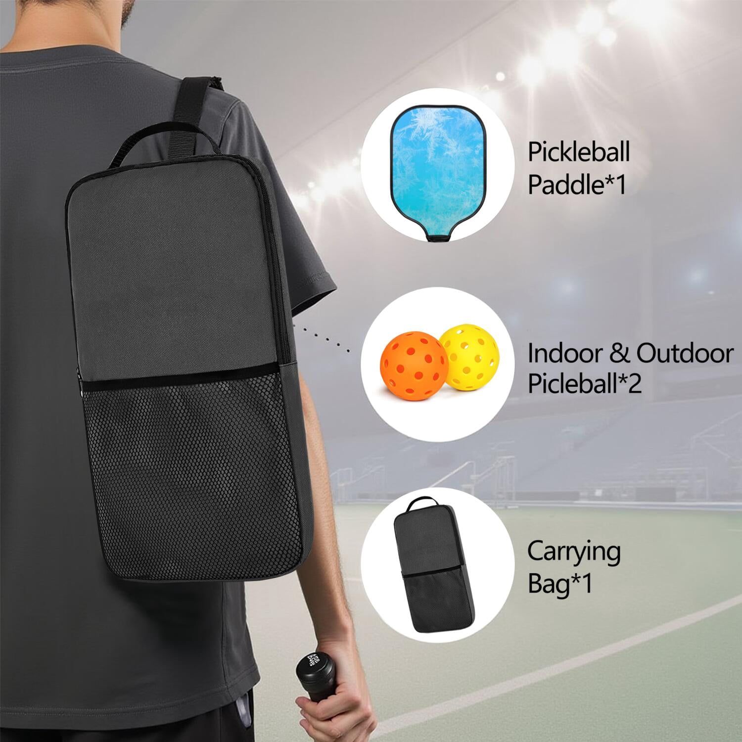 Pickleball Paddles Set Of 1, Fiberglass Surface, Ice Crystal Print, 1 Paddle, 2 Balls & Bag
