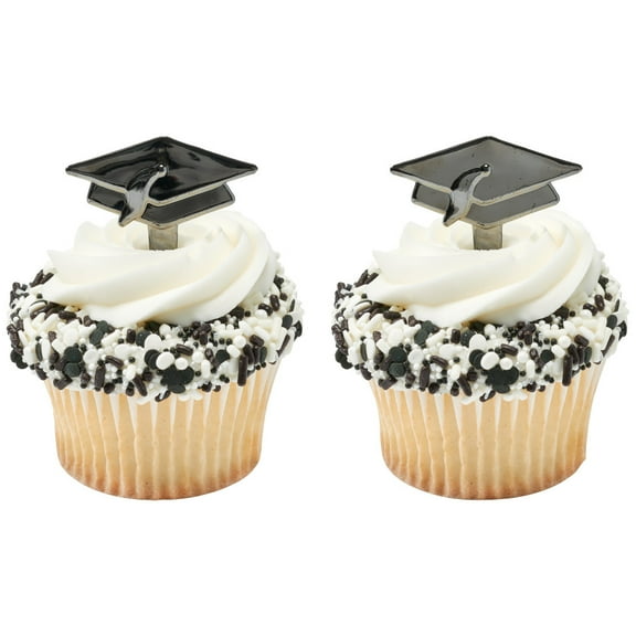 Cake Topper Decor, GraduationBlack Metallic Grad Hats cake topper for graduation (12/PKG)