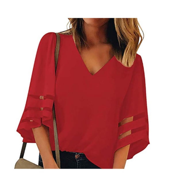 Costura de malla de gran tamaño damas con cuello en V manga acampanada suelta punto Eccomum Rojo M