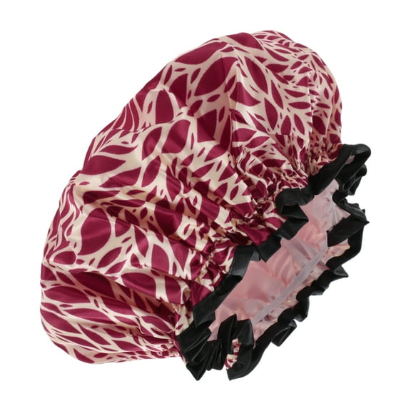 1 Pc Women Double Layer Leaves Shower Cap for Bathroom Vacation Travel Red Satin PEVA
