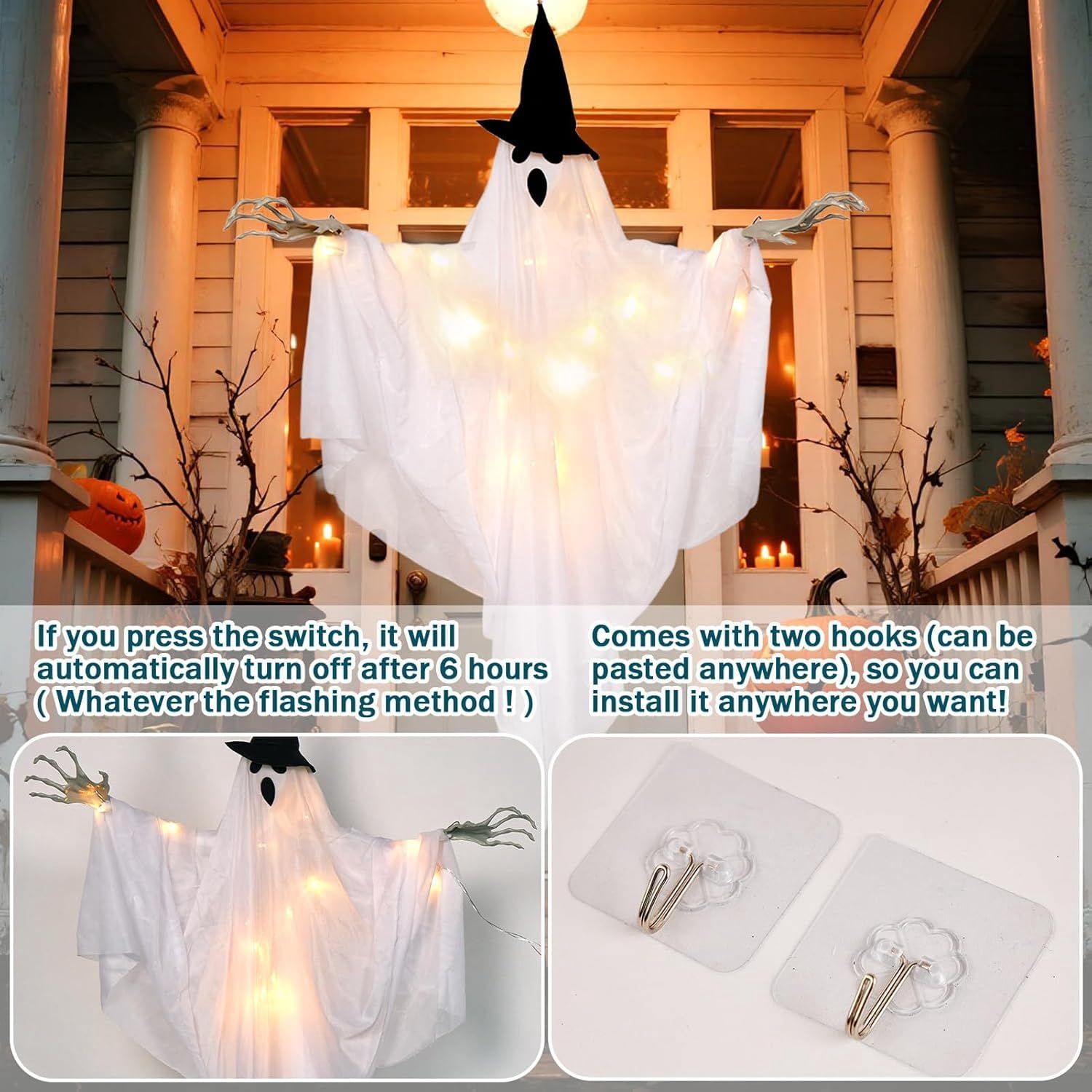 2 Pack Hanging Ghost Decorations 70cm with 8 Mode Lights for Indoor Outdoor