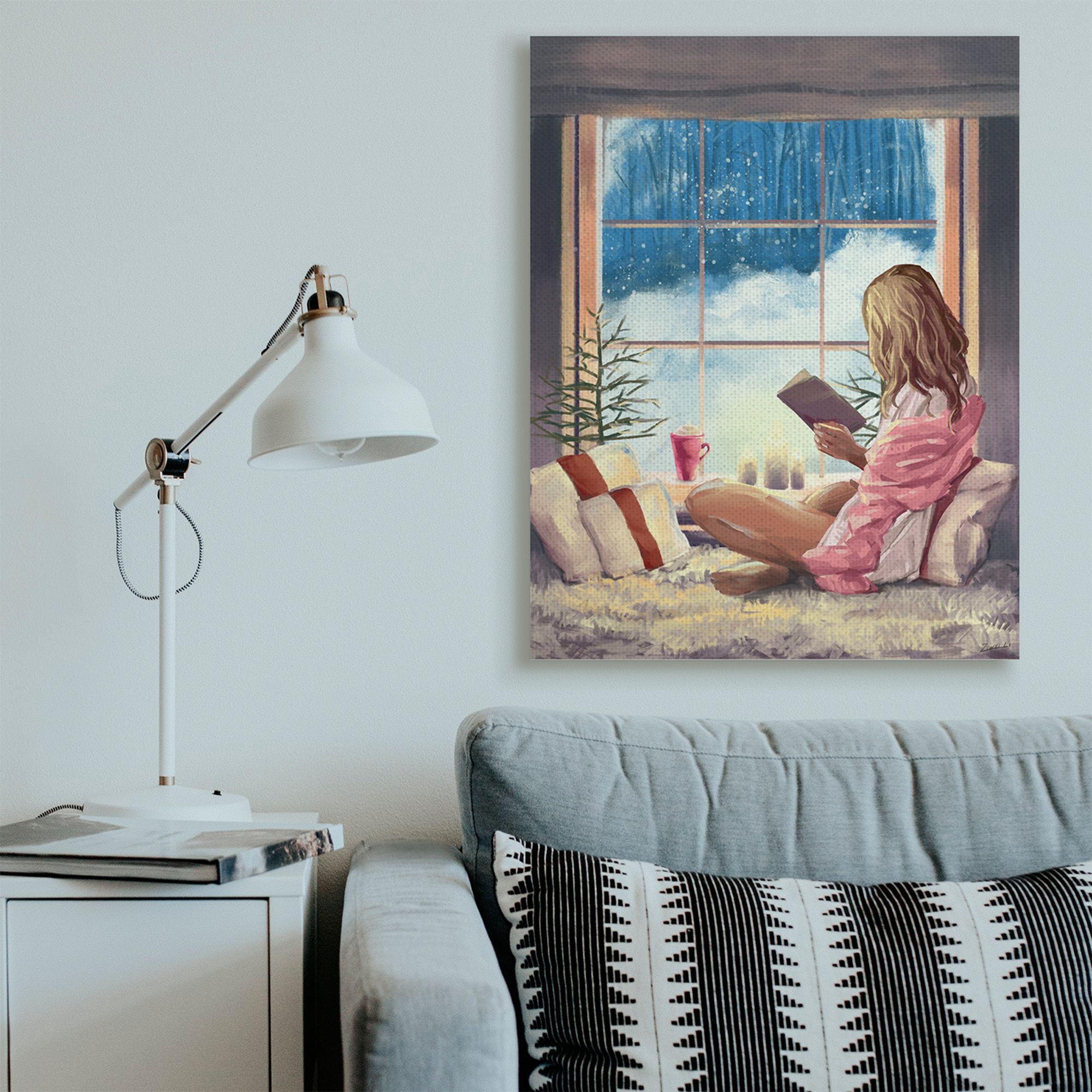 Stupell Indtries Girl Reading by Snowy Window Winter Holiday Canvas Wall Art, 36 x 48, Design by Ziwei Li