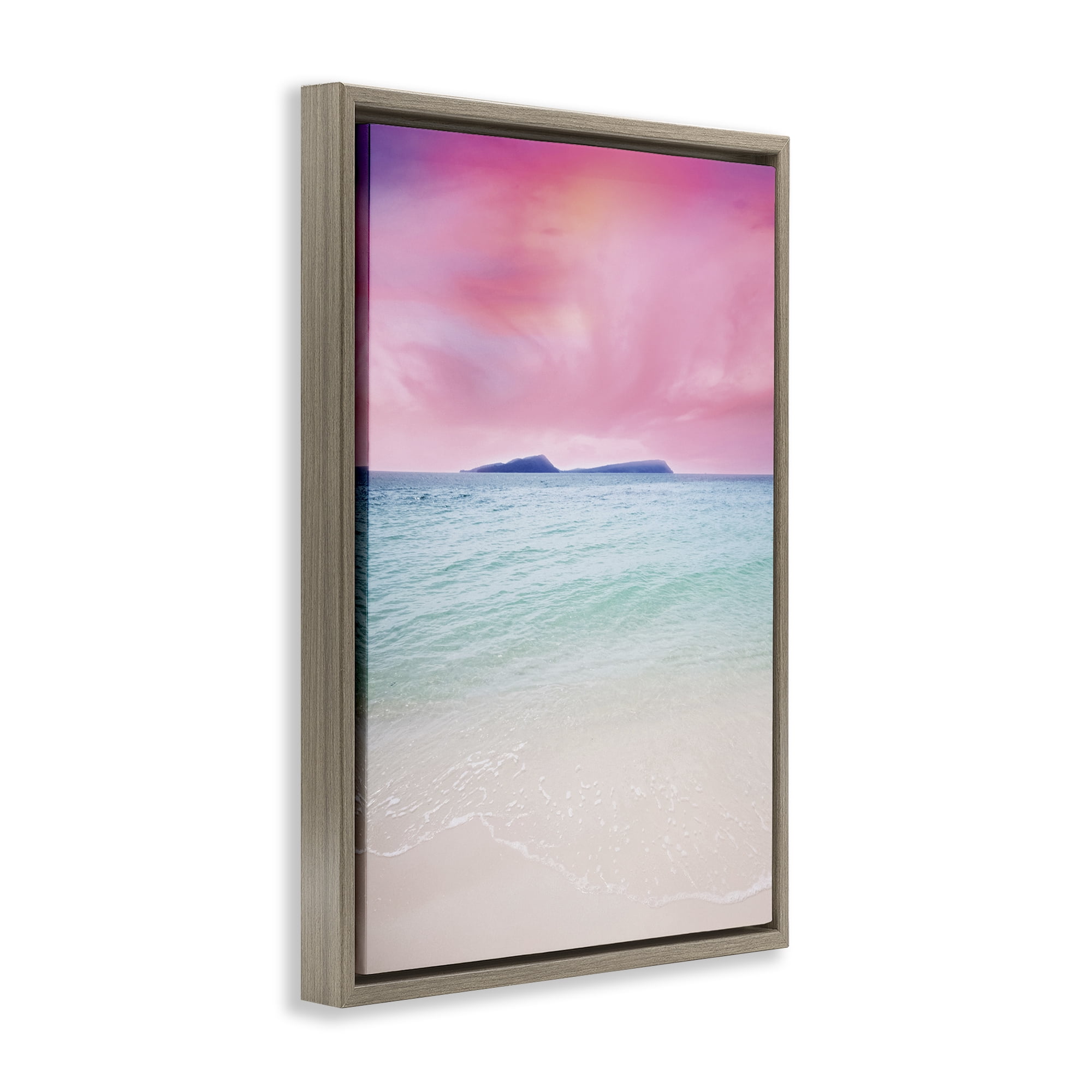 Stupell Industries Pink Sky Shoreline Landscape & Nature Photography Brown Floater Framed Canvas Art Print Wall Art, 21 x 31