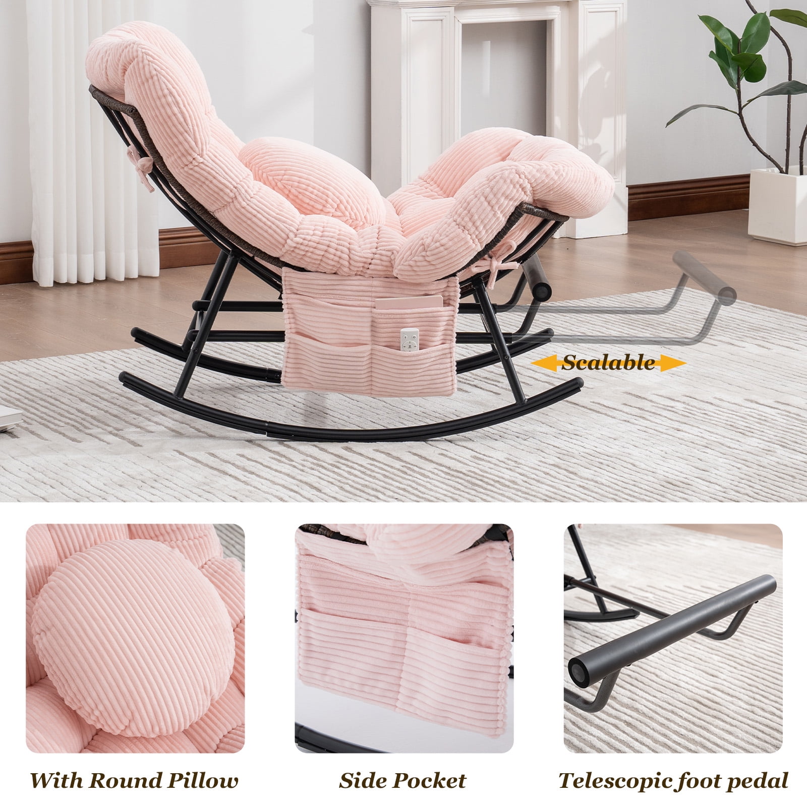 MOONMISS Outdoor Rocking Chair with Footrest, Indoor Oversized Comfort Reading Chair Cover with Cushion, Patio Rocking Chair Lounger,Pink