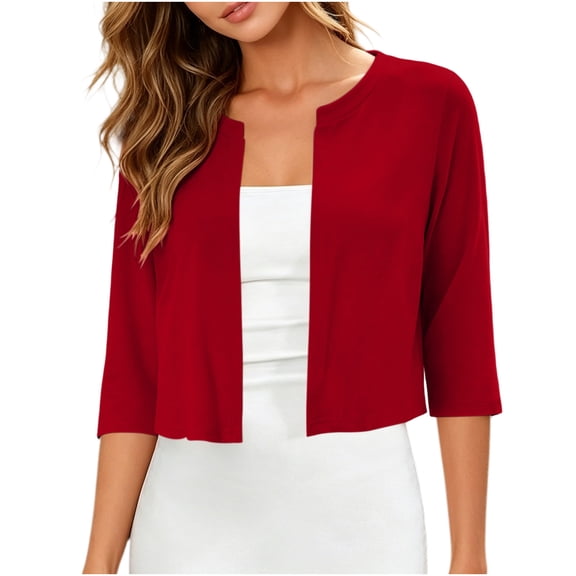 SuTry Womens 3/4 Sleeve Cropped Cardigan Open Front Round Neck Lightweight Layering Shrug Casual Everyday Soft Breathable Short Knit Bolero