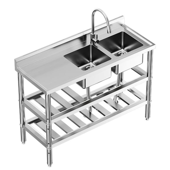 Free Standing Commercial Kitchen Sink, Stainless Steel Utility Sink with Hot & Cold Hoses, Stainless Steel Double Bowl Utility Sink Set for Garage, Restaurant (47 Inch)