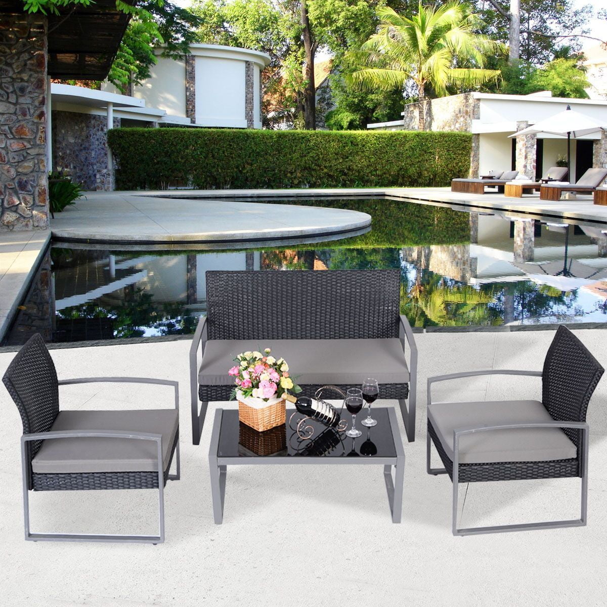 Costway 4 PCS Outdoor Patio Garden Black Rattan Wicker Sofa Set Furniture Cushioned by Costway