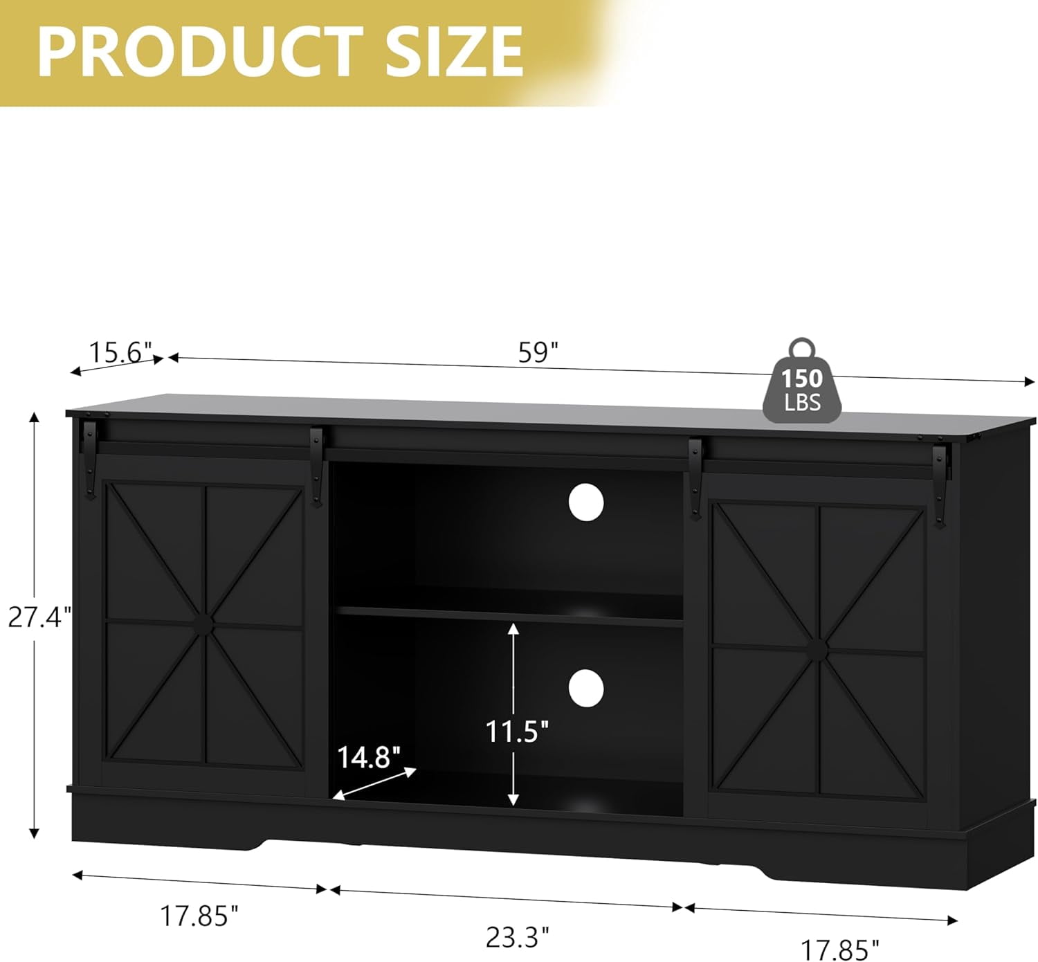 FANRAL Farmhouse TV Stand with Sliding Barn Doors,Rustic Entertainment Center for 65 Inch TV,Media Console with Storage Cabinets & Cable Holes for Living Room,Black TV Stand