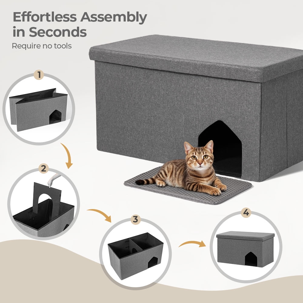 Cat Litter Box Enclosure Hidden Furniture, DOMIPET Foldable Cat Washroom Bench with Storage Space, Large Cabinet Cats Litter Ottoman for Odor Control, Dog Poof