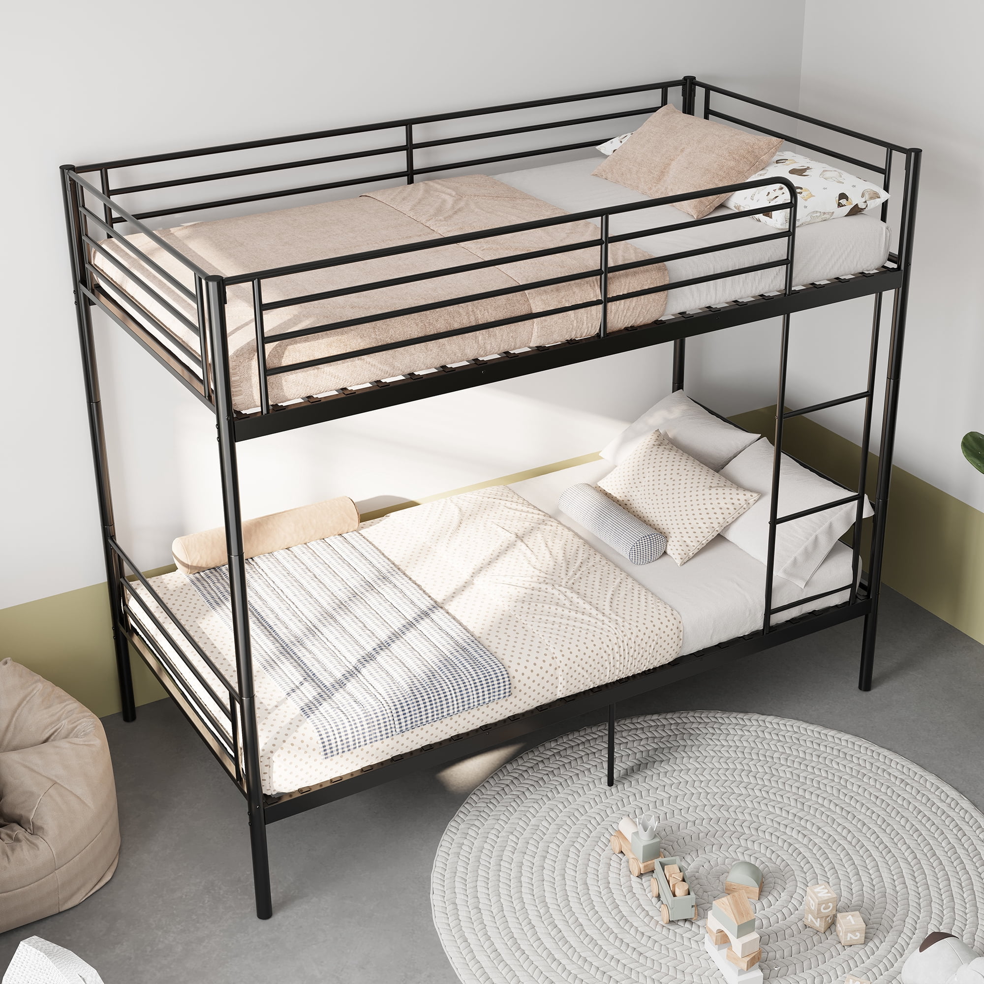 Mintazer Twin Over Twin Detachable Metal Bunk Bed with Ladder & Guardrail for Teen Adult Bedroom Dormitory, Black