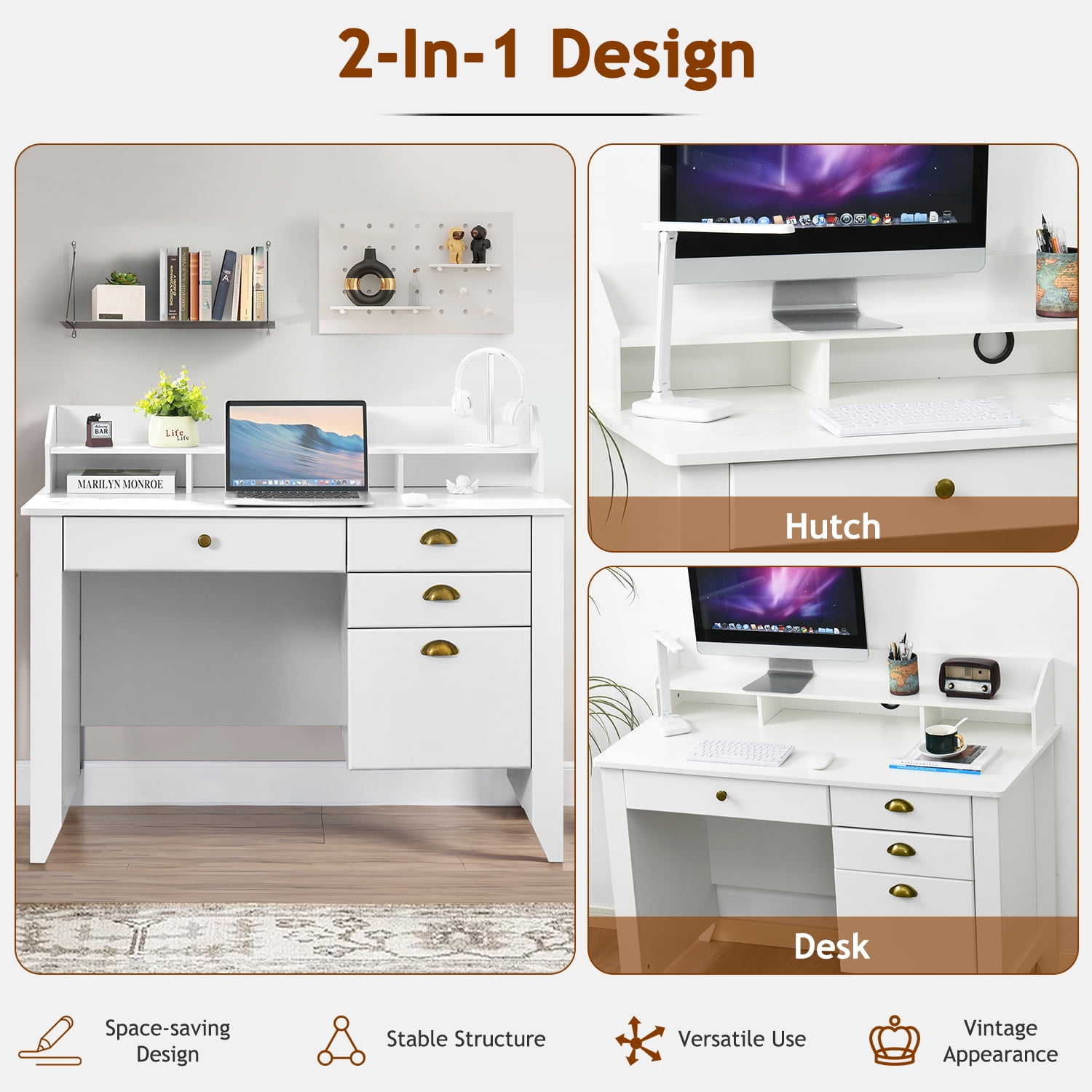 Catrimown Computer Desk with Drawers, 47.5 in White Desk with 4 Drawers, Home Office Desk with Monitor Stand, White