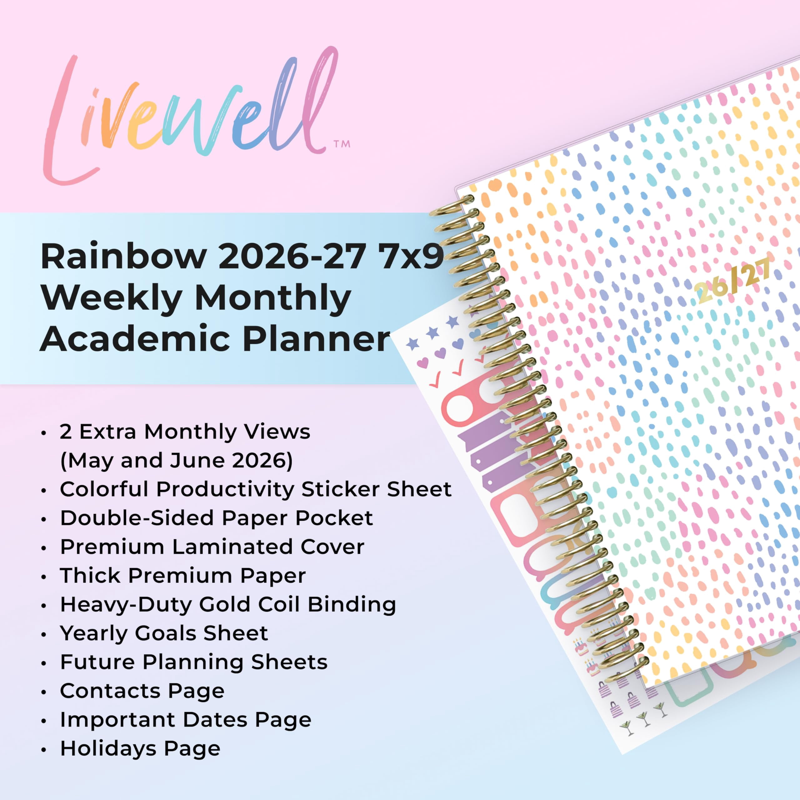 Blue Sky Livewell 2026-2027 Weekly and Monthly Academic Year Planner Calendar, July 2026 - June 2027, 7" x 9", Flexible Cover, Wirebound, Colorful Interior, Storage Pocket, Includes Stickers, Rainbow