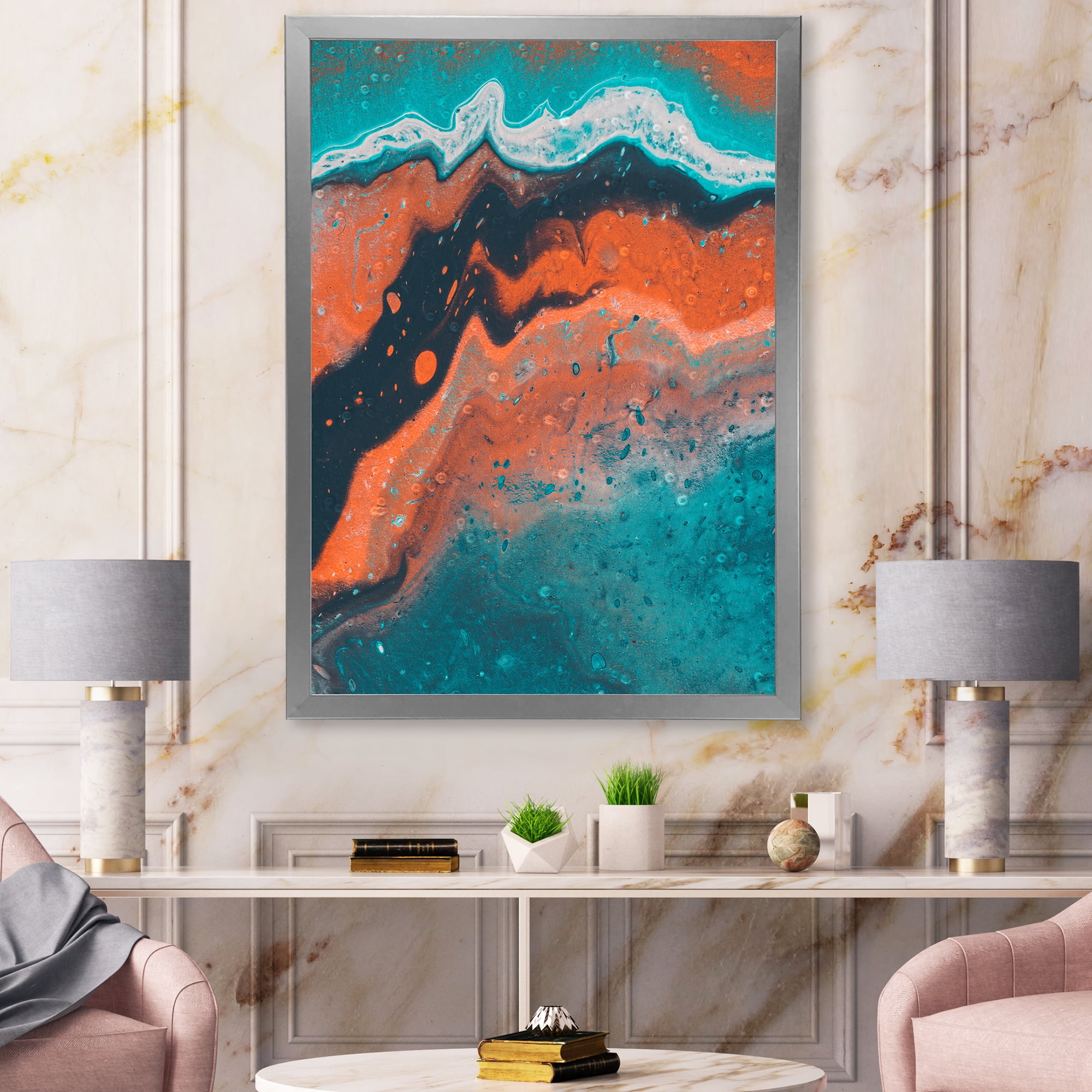 Designart 'Abstract Marble Composition In Orange and Blue VI' Modern Framed Art Print