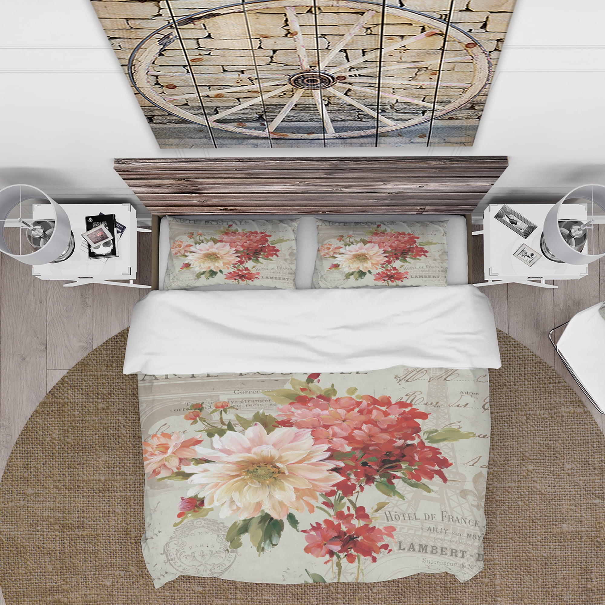 Designart 'Red Painted Flowers on Vintage Postcard I' Cottage Duvet Cover Set