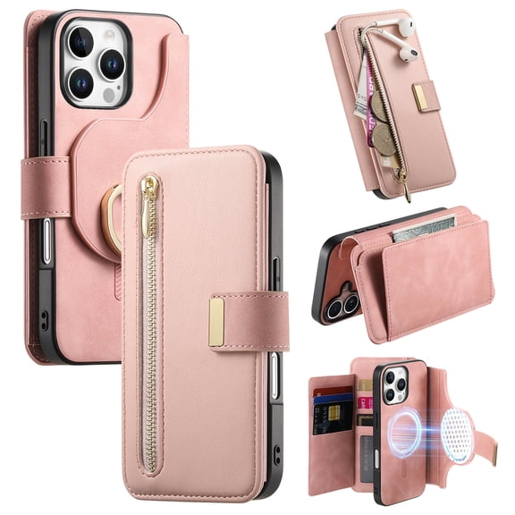 for iPhone 14 Pro Detachable Wallet Case with Card Holder, 2 in 1 PU Leather Flip Folio Case with RFID Blocking Magnetic Stand Removable Shockproof Phone Cover with Ring Holder, Pink