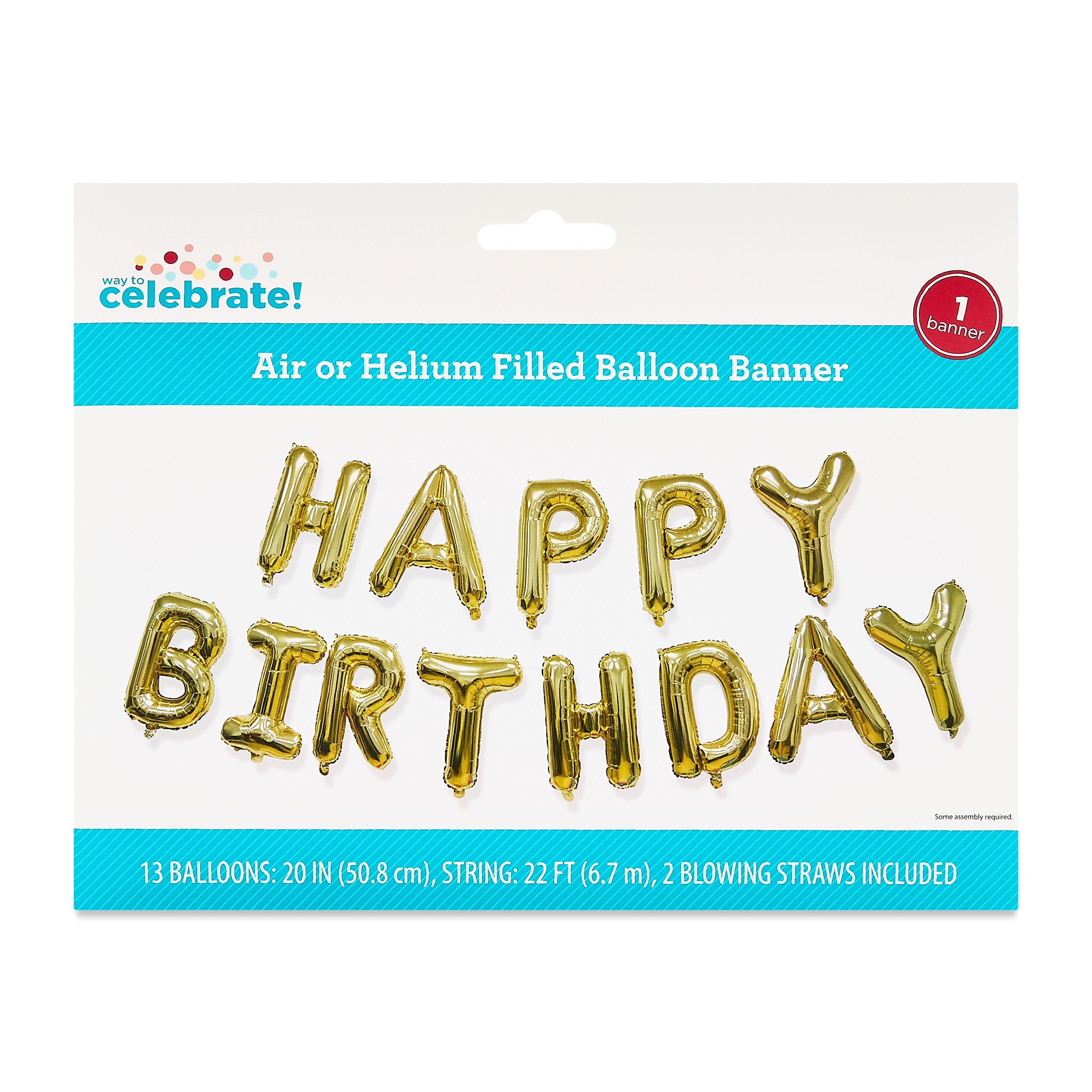 Gold Happy Birthday Air-Filled Balloon Banner, 16 Pieces, by Way To Celebrate