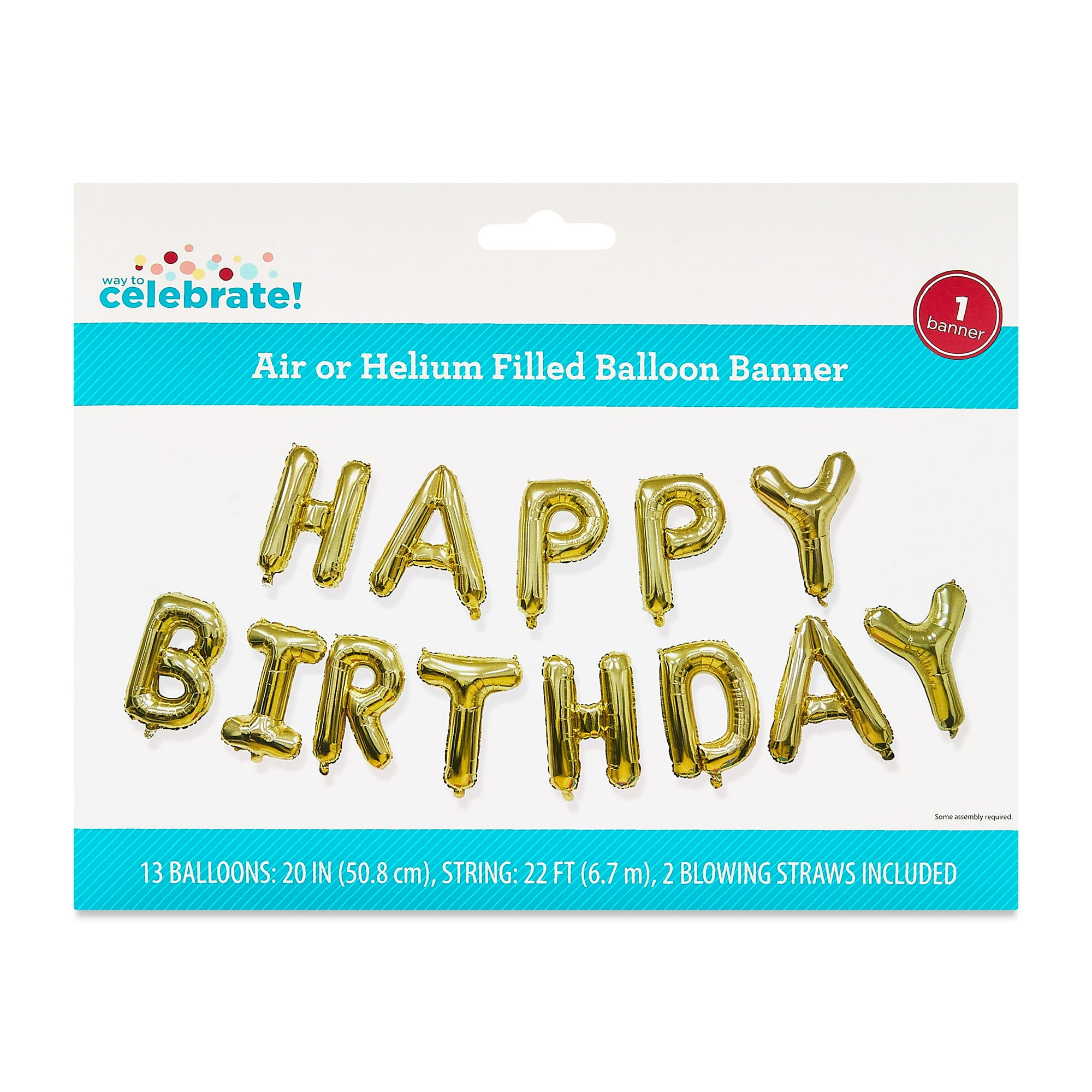 Gold Happy Birthday Air-Filled Balloon Banner, 16 Pieces, by Way To Celebrate