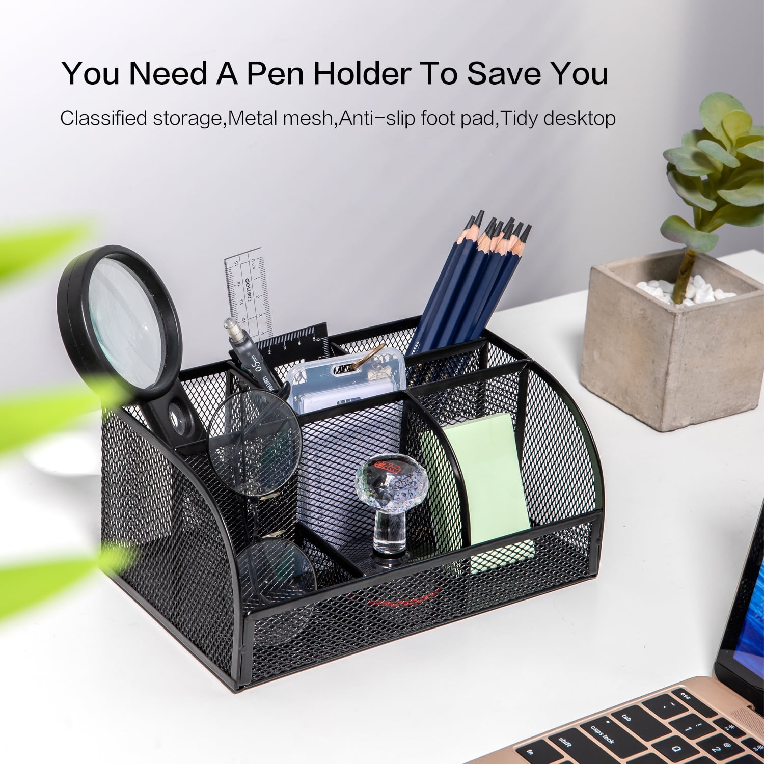 Powerful Deli 9175 Metal Mesh Multi-functional Office Pen Holder Black