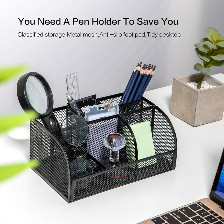 Deli Mesh Bureau Organizer Zwart - Penhouder Met 3 Compartimenten - Netjes Bureau Voor Kantoor, School En Thuis