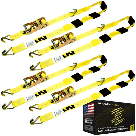 VULCAN Autohauler Car Tie Down, J Hooks, Sliding Idler 3-Cleat, 120 inch, 4 Pack, Yellow, 1600 Lbs SWL