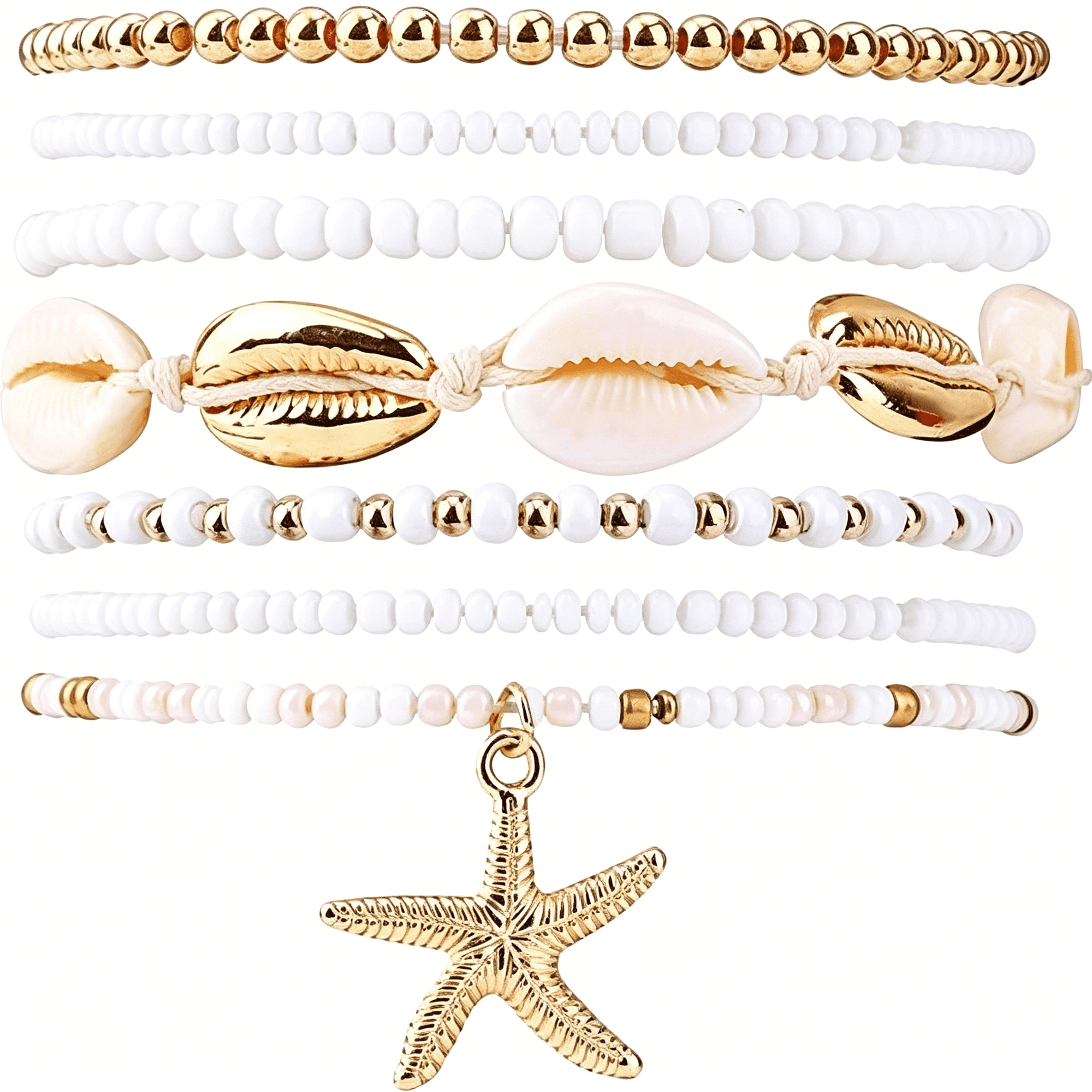 DESIGNICE 7Pcs Summer Beach Bracelets for Women,Stackable Shell Seashell Starfish Beaded Bracelets Set Boho Seaside Holiday Vacation Party Friendship Jewelry Gift