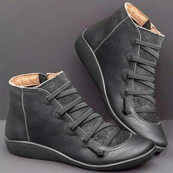 Mikilon Women Casual Flat Leather Retro Lace-Up Boots Side Zipper Plus Shoe Boots