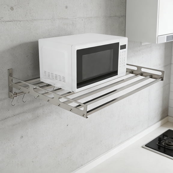 Stainless Steel Microwave Oven Rack ,Wall Mounted Microwave Stand Countertop Kitchen Organizer Storage 12* Hook for Kitchen,Restaurant
