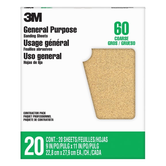 3M™ General Purpose Sanding Sheets, 87591NA-20, 9 in x 11 in, 60 grit, Coarse grit, 20 sheets/pk, 5 pks/cs (Case of 5) SKU 7100091889