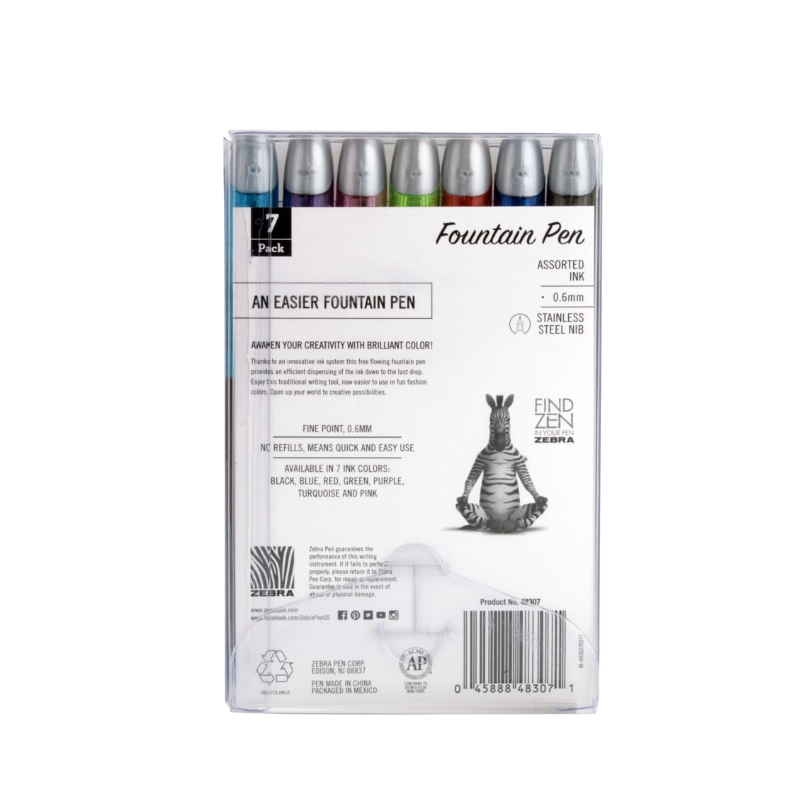 Zebra Fountain Pen, Fine Point, 0.6mm, Assorted Colors, Non-Toxic Ink, 7-Count, Model Number: 48307