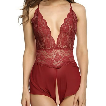 

BSDHBS Lingerie for Women Women Lace Passion Lingerie Deep V Halter Dress Red Size M