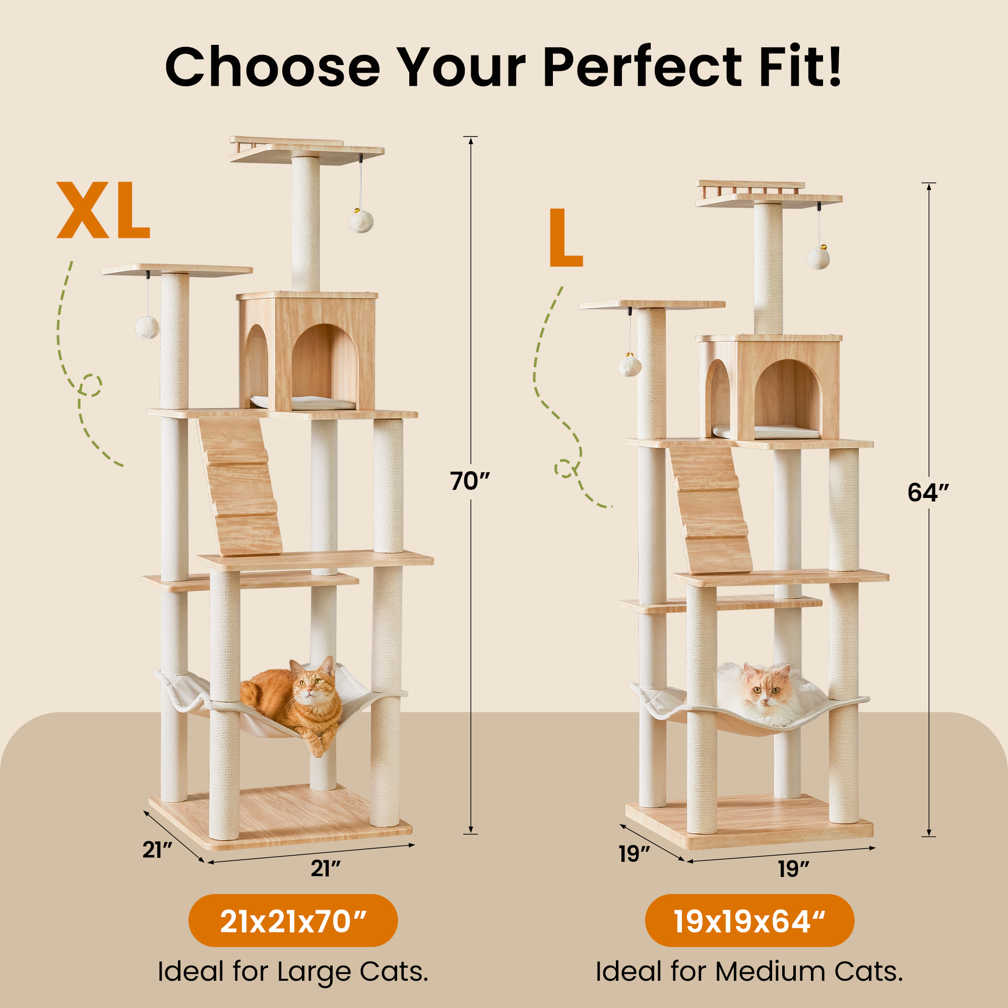 MWPO Large Modern Cat Tree - 70 inch Tall Cat Tower for Indoor Cats, Multi-Level Cat Condo with 7 Fully Wrapped Scratching Posts,Spacious Perches, Hammock, Removable Pad & Dangling Balls-Light Brown