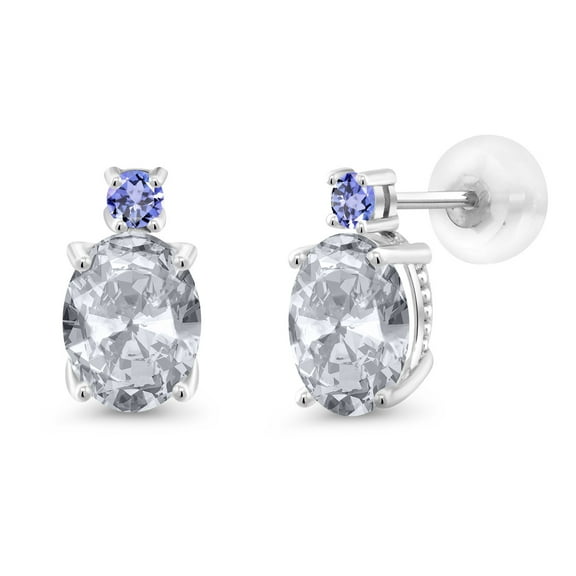 Gem Stone King 14k White Gold White Topaz and Blue Tanzanite Earrings for Women (2.76Cttw, GemstoneNovember Birthstone, Oval 8X6MM, Round 2.5MM)